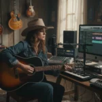Countrymusikens nya sound skapas digitalt Närbild på en skärm med ljudspår i ett inspelningsprogram, som representerar de tekniska hjälpmedel som krävs för att förverkliga en musikalisk vision inom country idag.